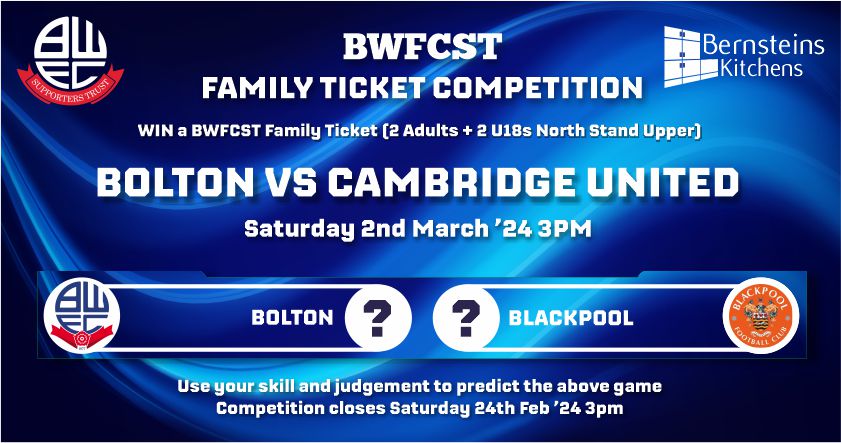 BWFCST Family Ticket Competition Win Cambridge United Tickets